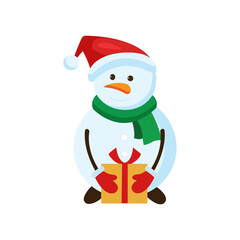 Snowman with christmas gift vector isolated on white background. 