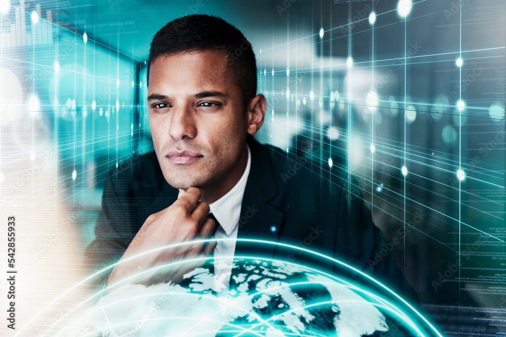 Leinwandbilder hologram, world and thinking with a business man on a digital overlay background with futuristic tec