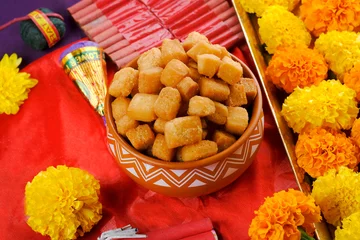 Fotobehang Shakkar pare / Shakkarpare / shankar pale is a sweet tea time snack food from India, Traditional homemade indian maharashtrian Diwali Festival sweet snack food. © Vinayak Jagtap