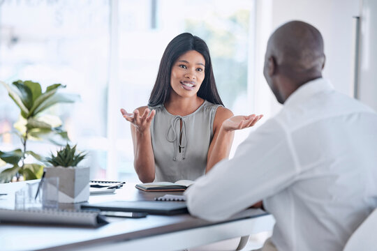 Job interview, recruitment and black man and black woman talking, having conversation and discussion. Management, boss and woman in business meeting with man for job, employment and hiring in office