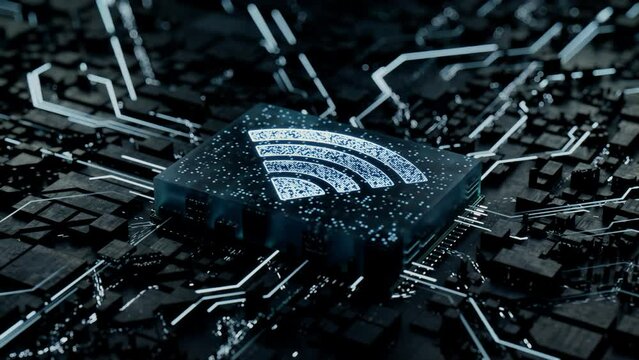 Wireless Technology Concept with wifi symbol on a Microchip. White Neon Data flows from the CPU across a Futuristic Motherboard. Seamless Loop.