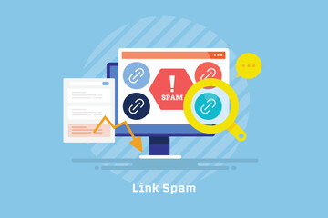 SEO ranking drop due to link spam, caution alert on website, arrow decreasing conceptual vector illustration. - obrazy, fototapety, plakaty