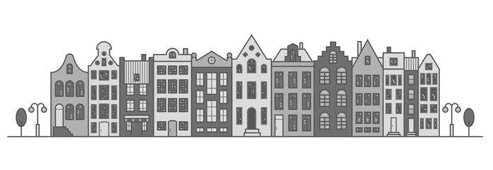 Amsterdam old style houses. Typical dutch canal houses lined up near a canal in the Netherlands. Building and facades for Banner or poster. Vector monochrome illustration.