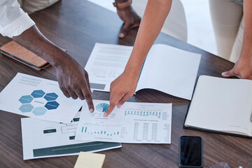 Hands of diversity business people pointing at documents, chart data or analytics of global advertising success. Partnership, employee meeting and collaboration team work on sales marketing strategy