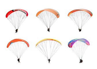 collection Bright colorful parachute on white background, isolated. Concept of extreme sport, taking adventure challenge.