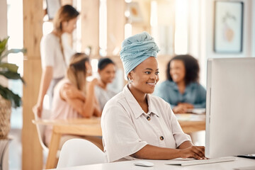 Business, black woman and computer planning for digital marketing agency, seo research and internet analysis at office desk. Happy african employee working on desktop pc, reading email and analytics