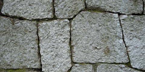 The texture of an old stone. Grey aged rusty background. Horizontal banner for design. The gray-brown texture of a battered stone. Construction production concept. Abstract neutral background