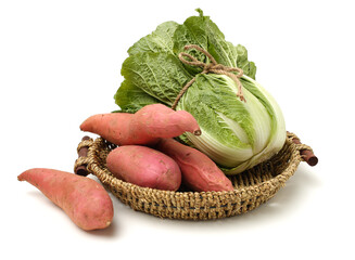 Chinese cabbage and sweet potato on white background 
