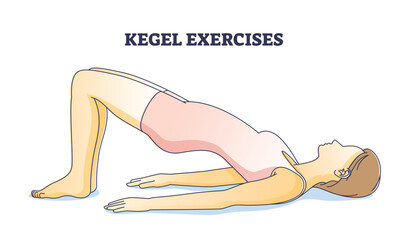 Kegel exercises for pelvic floor muscle stretch and strength outline concept. Woman yoga and female gymnastic for muscular system wellness and healthy body vector illustration. Contracting activities.