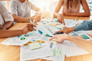 Planning, collaboration and marketing design strategy of creative advertising business campaign meeting. Analytics research report, sales analysis documents and a digital seo traffic data information