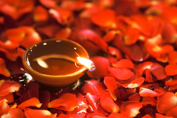 Happy Diwali, Clay Diya lamps lit during Diwali, Hindu festival of lights. Colorful traditional oil...