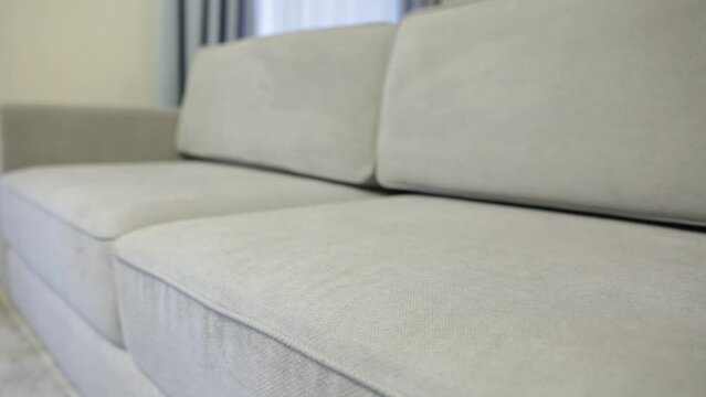 Modern gray sofa in the room with quality material and soft cushions.