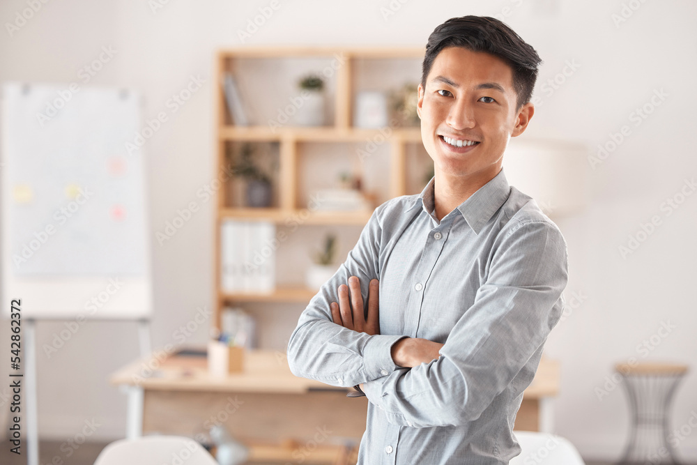 Poster Leadership, portrait and young Asian businessman standing in creative workspace. Success, startup and man with confidence, happiness and motivation in office working in marketing and design career