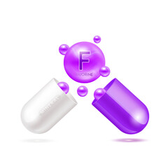 Fluorine  mineral in capsule purple 3d isolated on white background. Vector EPS10 illustration. Vitamins minerals complex for product design. Medical scientific concepts.