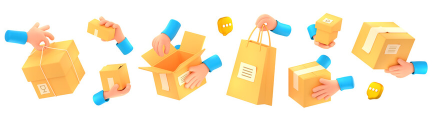 Delivery service icons with courier hands carry and giving cardboard boxes, shopping bags, post and orders. Concept of warehouse, shipment and delivery packs, 3d render illustration - obrazy, fototapety, plakaty