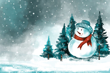 Naklejka na ściany i meble New year and christmas tree winter landscape background with snowman card design