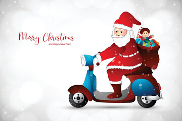 Merry christmas and happy new year with santa claus on riding a scooter card illustration design
