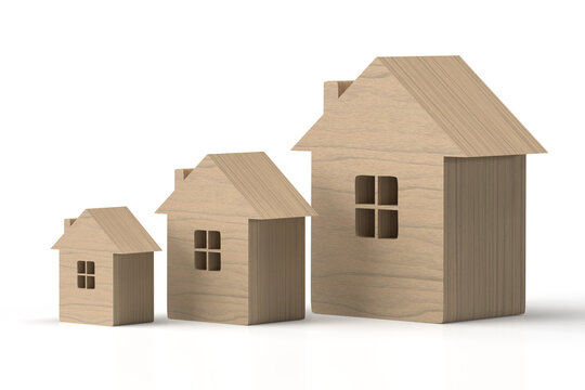 3d illustration. Three gray houses of different sizes on a white background. 