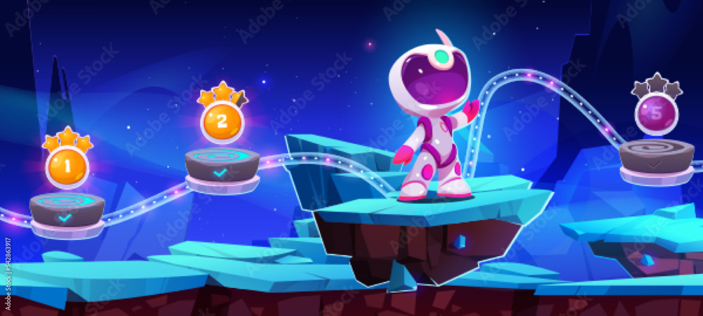 Poster game level map with alien planet landscape with platforms with spaceman and numbers of stages. cosmi