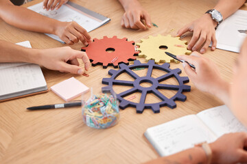 Team, strategy collaboration and gears innovation problem solving in business meeting. Corporate...
