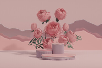 3D podium display, pastel pink background with rose flowers. Glass wall and palm leaf shadow. Minimal pedestal for beauty, cosmetic product. Valentine, feminine copy space template 3d render	