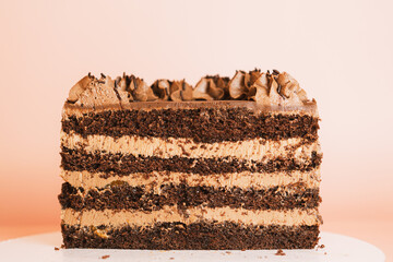 Piece of chocolate cake on round plate against pink background.