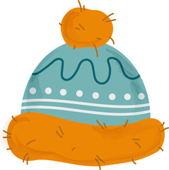 Winter hat cap with pompom. Knitted woolen warm hat for winter seasonal greeting cards, stickers, print