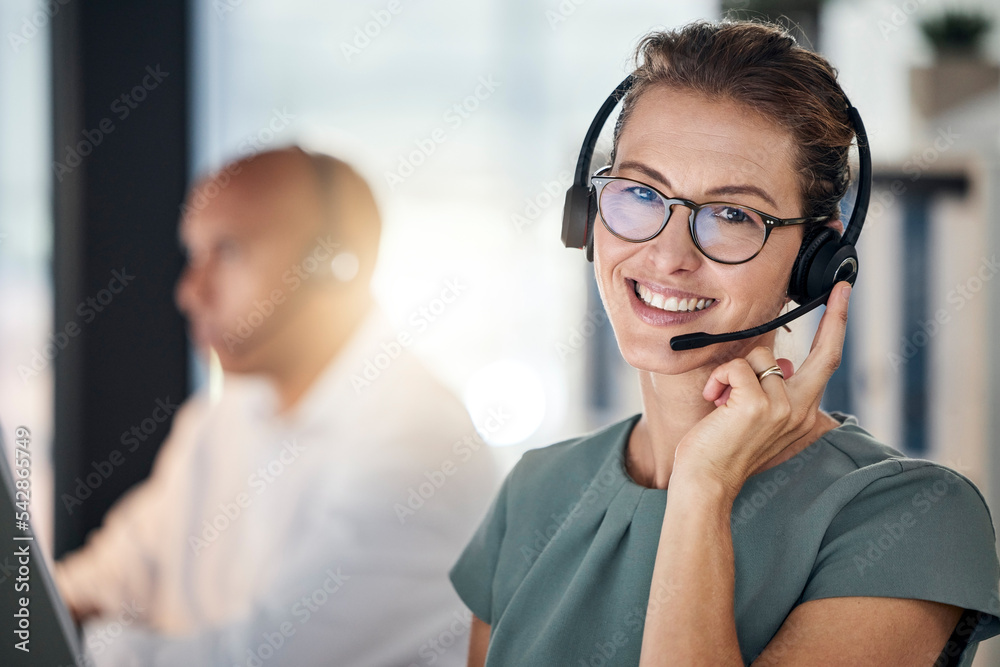 Aufkleber Call center, telemarketing and employee with smile for customer service, support and online help. Communication, consulting and portrait of a happy consultant in a crm office for business on the web