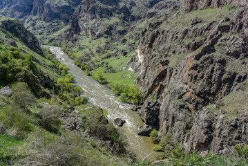 Kura river in a gorge near the Vardzia monastery in southern Georgia, April 30, 2019, Georgia.
