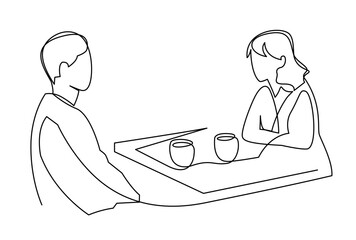 A man and a woman are talking at a table in a cafe. Interview over a cup of tea continuous one line vector illustration.