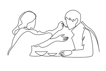 Happy couple romantic date continuous one line vector illustration. Simple hand drawn sketch. The girl feeds the guy dessert with a spoon.