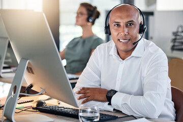 Portrait, black man and call center for customer support, computer and headset for consulting,...