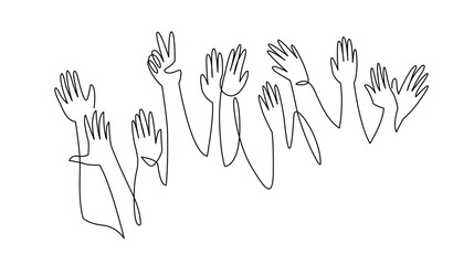 Cheerful crowd continuous one line vector drawing. Hands raised up isolated on white background. Group of applause people silhouette hand drawn.