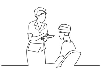 Female doctor or resident provides emergency medical care to the patient continuous one line vector illustration. Treatment aid emergency