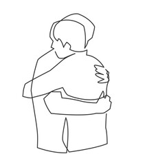 Continuous one line drawing of two close friends meeting hugging each other. The concept of friendship, emotional support, comfort someone, father and son.