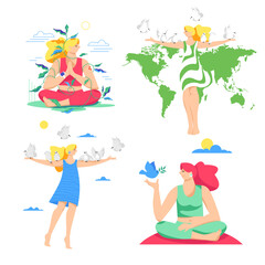 peaceful. peace. the silhouette of the world map. the girl with the birds. a set of vector isolated images