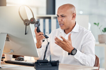 Call center, customer service and arguing with a frustrated man at work in a telemarketing office....