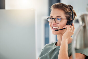 Happy call center woman consulting customer for customer support, help or telemarketing sales....