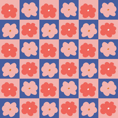 retro checked flower shape vector seamless pattern
