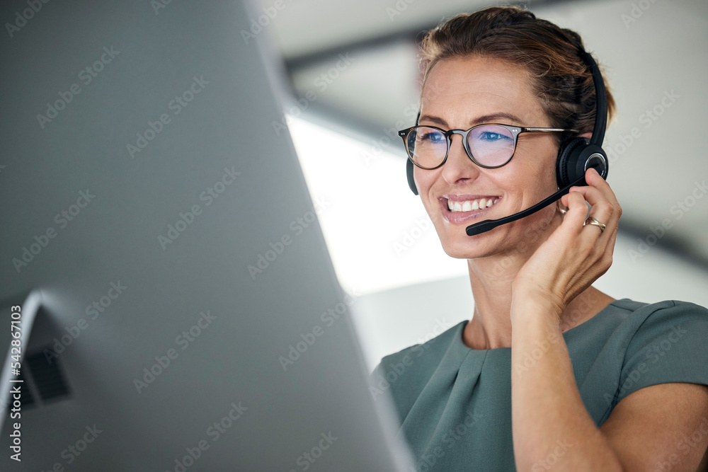 Poster customer service, woman and happy call center agent giving advice online using a headset. operator, 