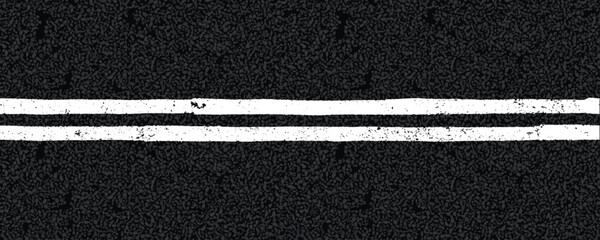 White double line on tarmac road top view. Highway traffic mark vector illustration. Background with old paint texture on asphalt surface. Roadway seamless pattern. Straight urban driveway