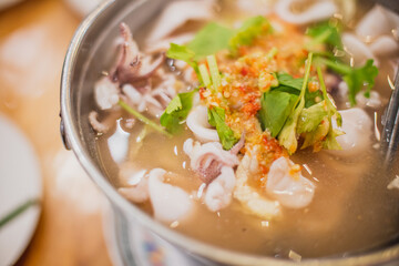 Thailand cuisine, Close up Tom Yum Seafood in a Hot Pot