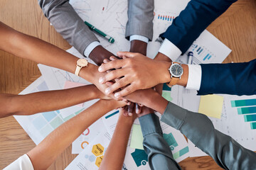 Support, community and documents with hands of business people in meeting for strategy, planning and teamwork. Diversity, growth and marketing with employee in workshop for mission, goals and b2b