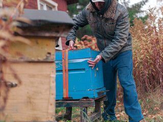 beekeeper lifting a hive