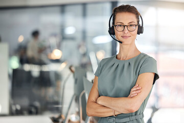 Crm, portrait and contact us for our telemarketing call center customer services consultants to help with advice. Communication, sales and woman networking for a telecom company or advertising agency - obrazy, fototapety, plakaty