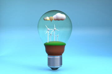 3d rendering light bulb with green energy renewable with wind turbine eco concept . Innovation technology power nature wind alternative technology .Ecology saving power and energy concept