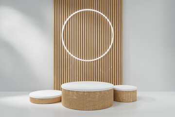 3d rendering illustration of realistic 3d cylinder stand podium in arch window.Product presentation, mock up, show cosmetic product display .Podium, stage platform .Promotion display.