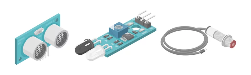 Fotobehang arduino ultrasonic IR Infrared Module sensor microcontroller interface plc industrial component isometric cartoon © AllahFoto