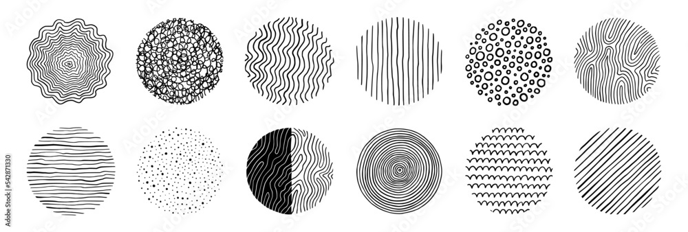 Poster abstract line pattern circle set. hand drawn texture, doodle decorative line, spiral, scribble graph