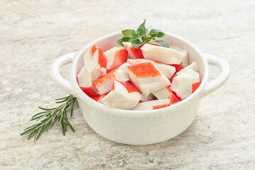 Crab meat surimi in the bowl